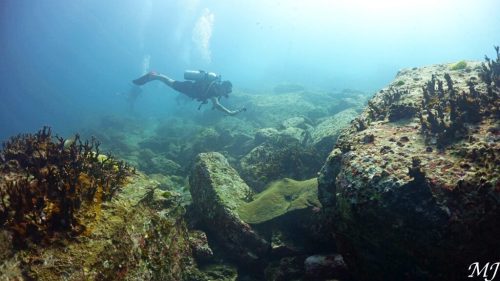 Scuba diver filming with a GoPro at a rocky reef during the second dive in Phuket.