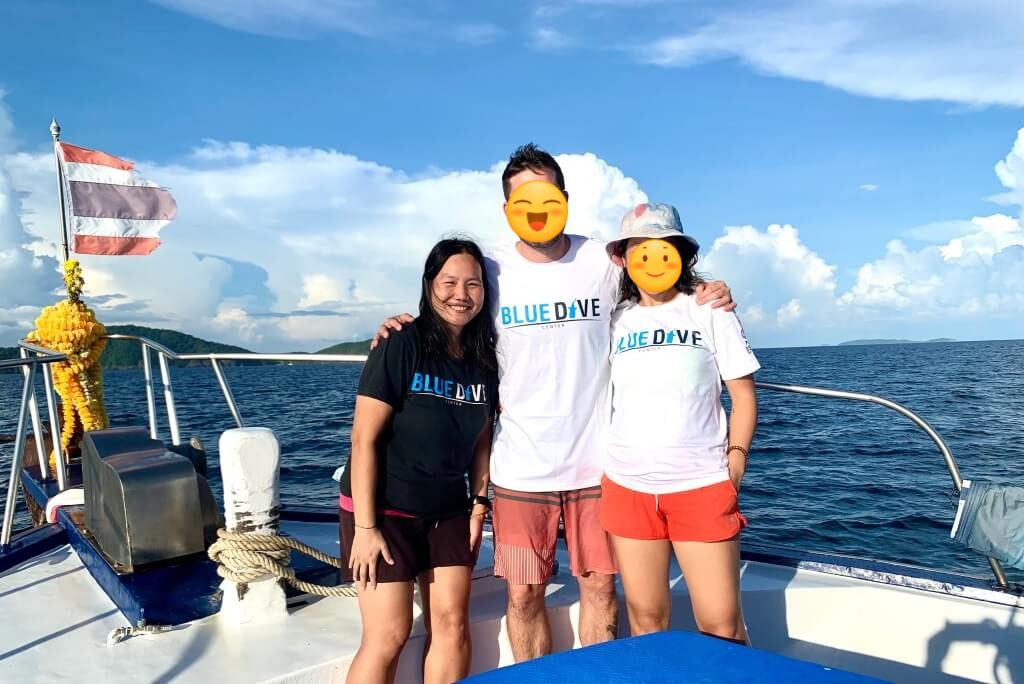 Happy diver on the boat after pool Scuba Review and ocean fun dives in Phuket.